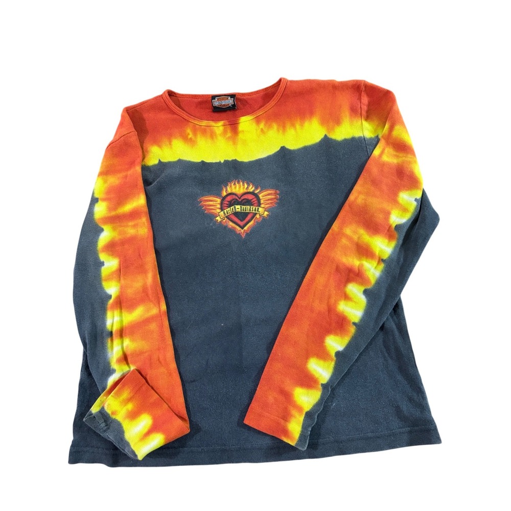 Harley Davidson‎ Womens Tie Dye Long Sleeve Shirt Flame Heart Graphic Size Large